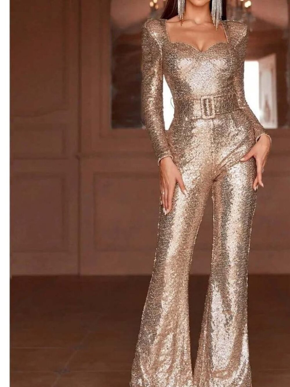 Champagne Women's Sweetheart Neck Sequin Buckle Belted Jumpsuit